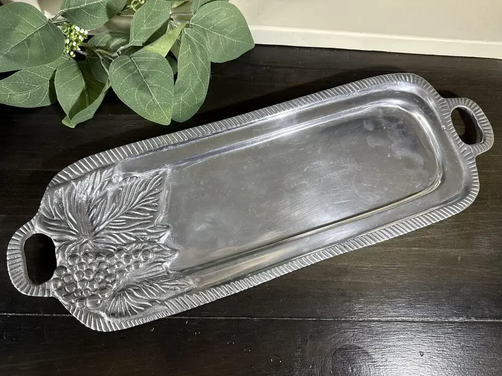Vintage 1995 Arthur Court Grape Aluminum Serving Tray, Oblong Grapevine Platter